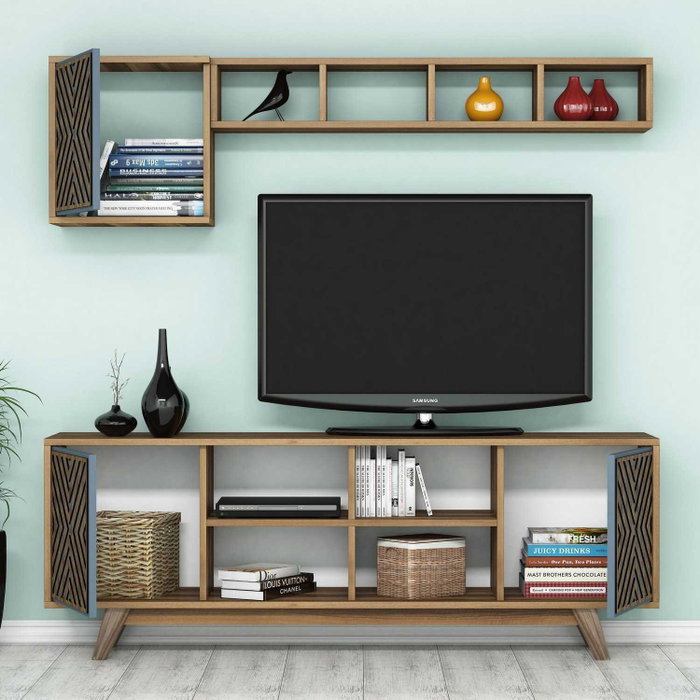 Hanah Home Mueble de TV Nogal y Azul con Estantería
